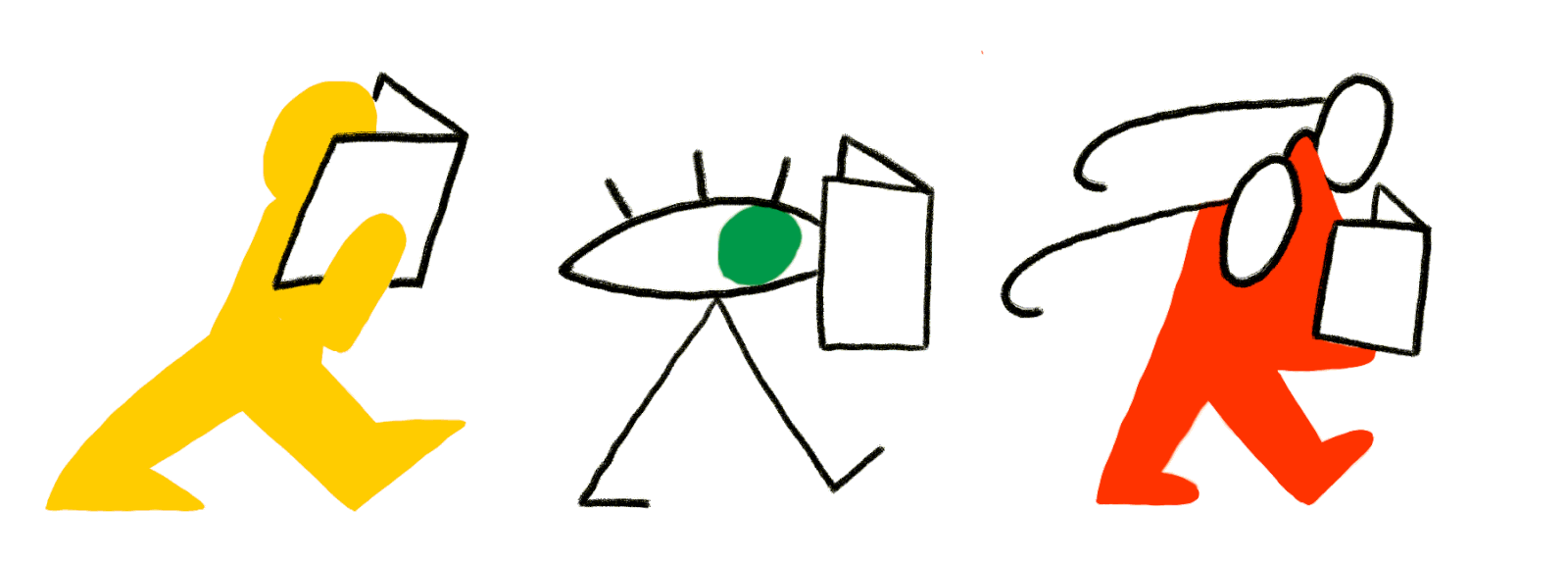 An illustrated GIF of three figures reading while walking.