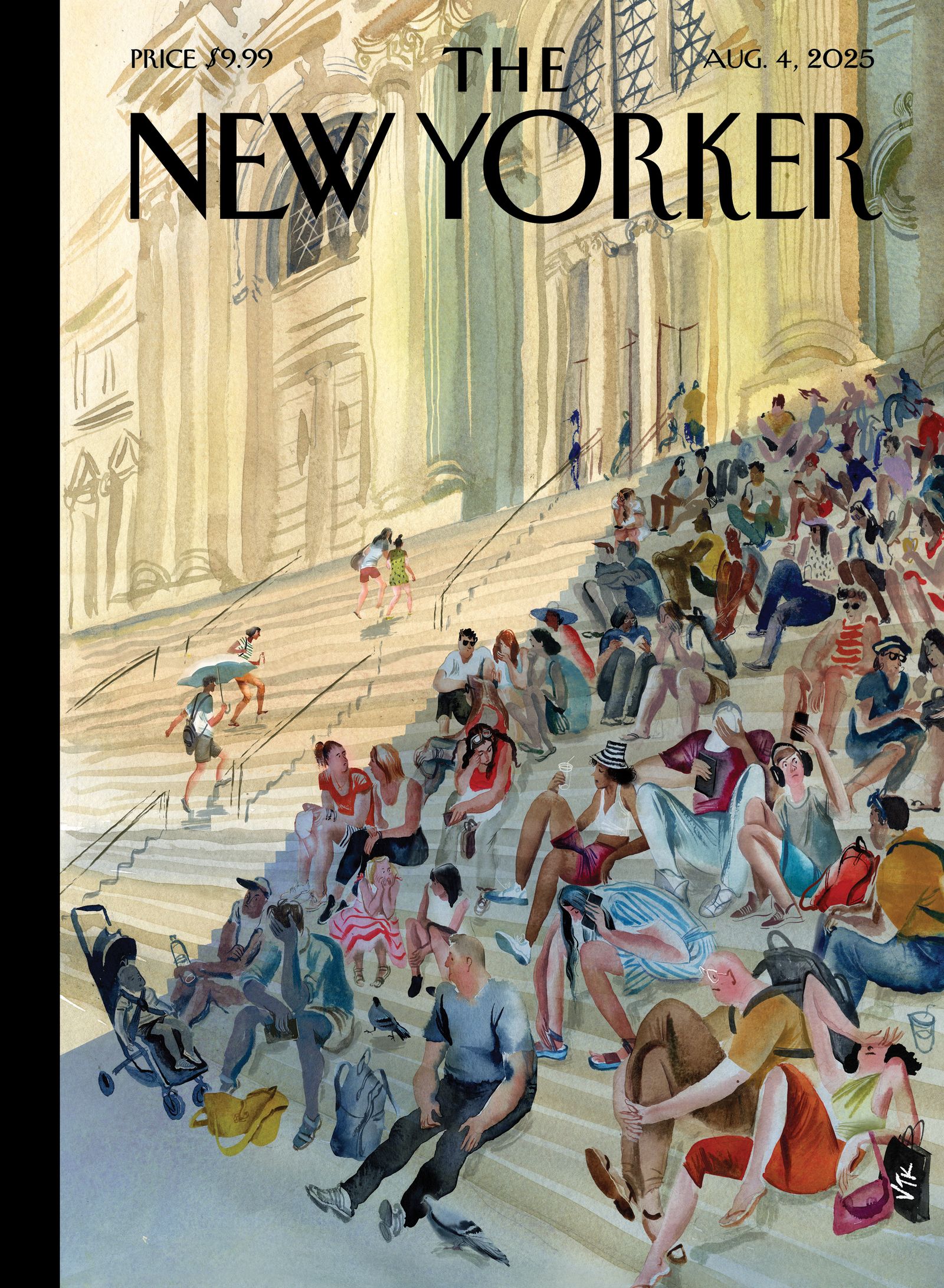 People crowd in the shade on the steps of the Met.