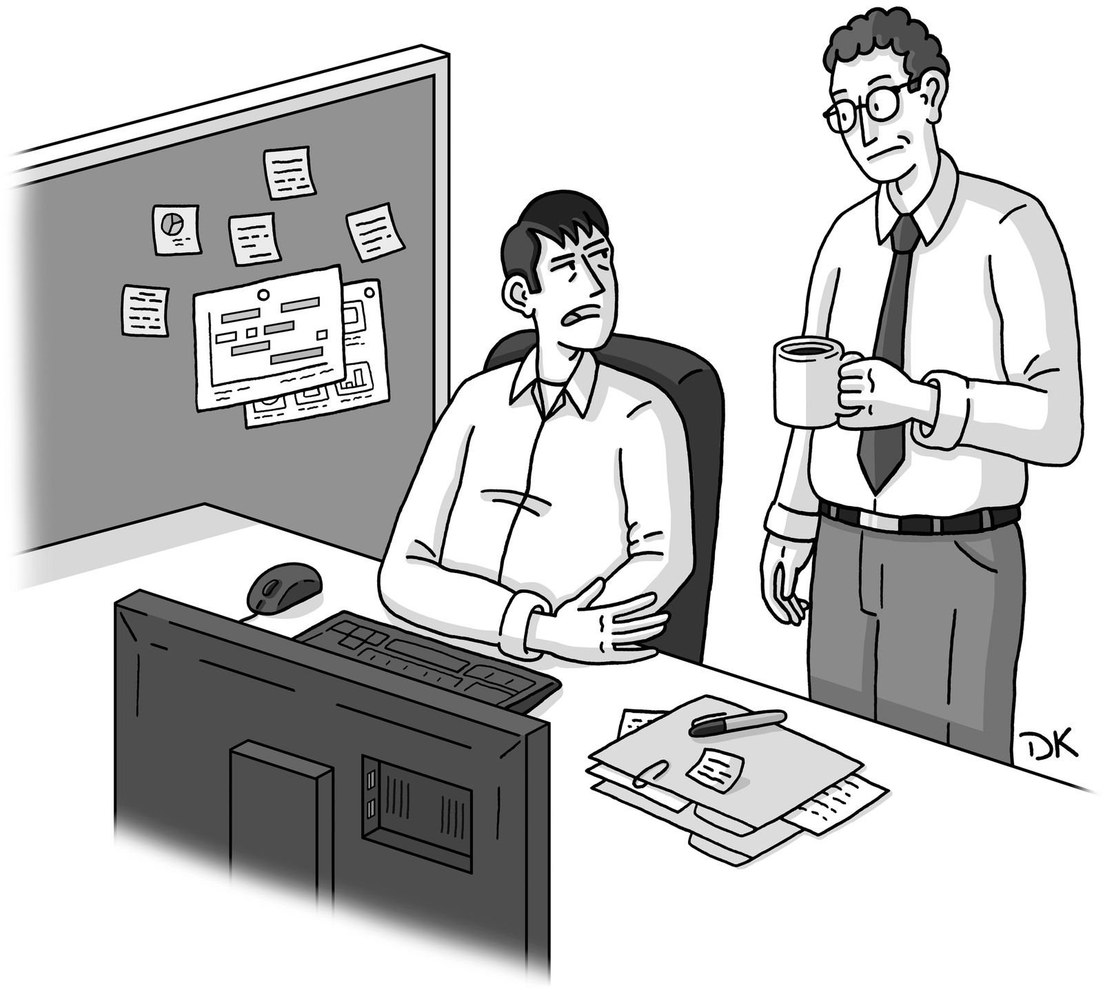 Tired man sitting at office desk while coworker stands next to him.