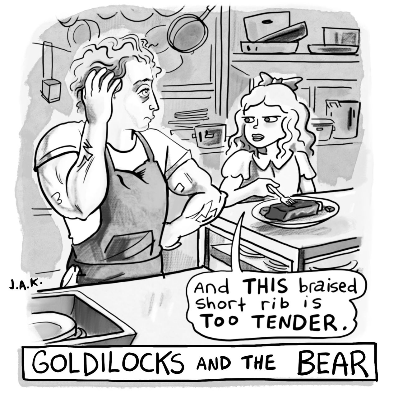 Goldilocks pokes a plate of meat and says “And THIS braised short rib is TOO TENDER” Jeremy Allen White as Carmy...