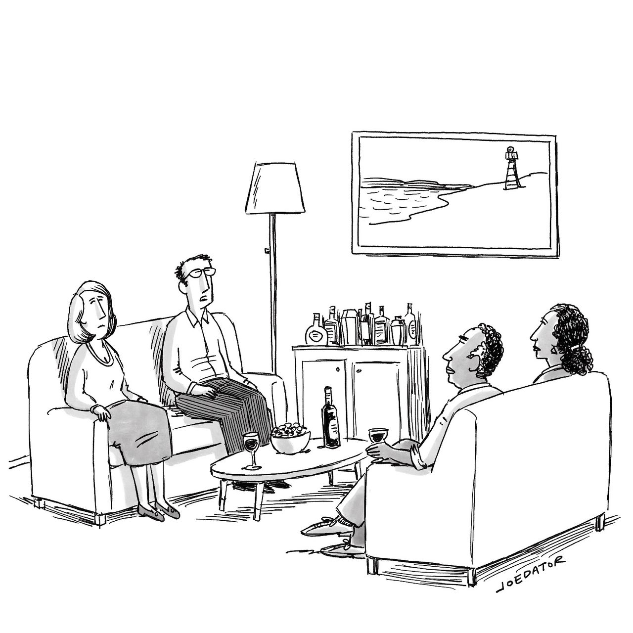 Two couples sit on couches facing each other between them is a coffee table bearing wine and snacks.
