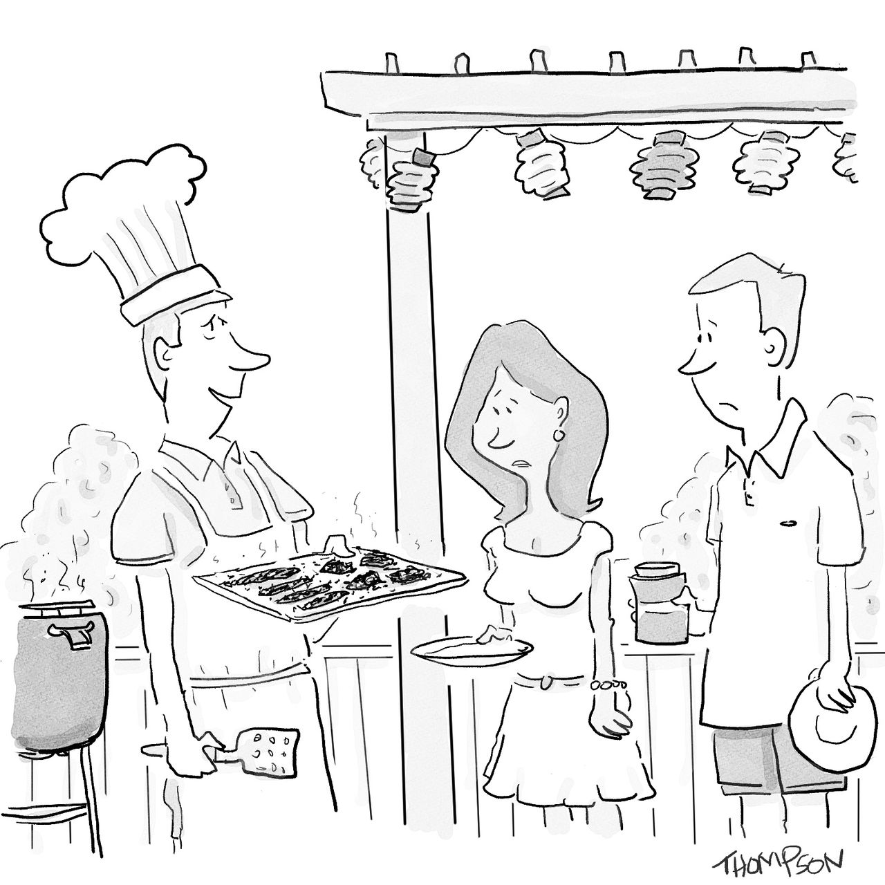 At a cookout a man wearing an apron and chefs hat offers a tray of burned hot dogs and hamburgers to a disappointed man...