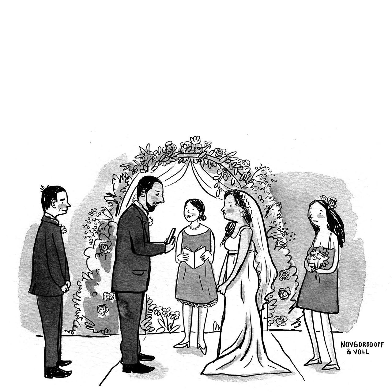 A bride and a groom stand at a wedding altar. The groom reads from his smartphone.
