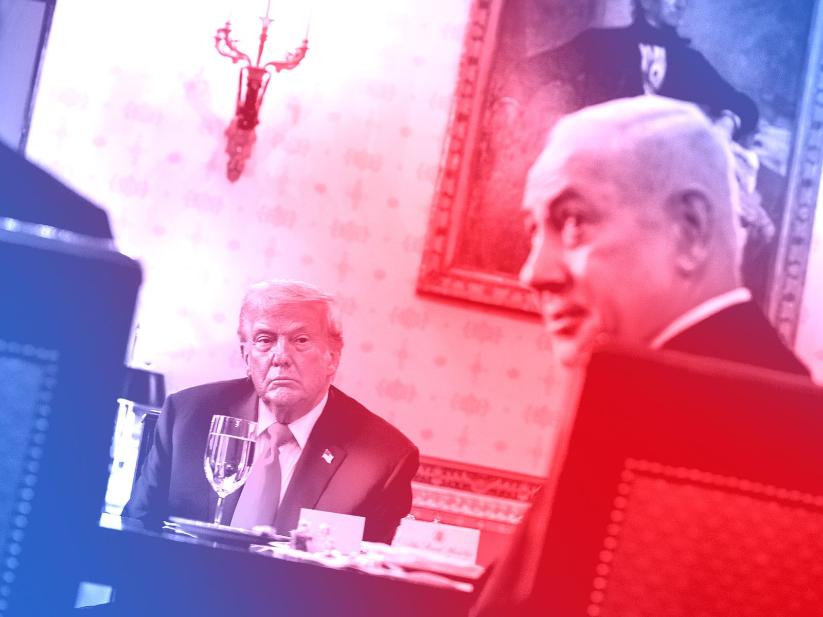 Photo of Donald Trump looking at Benjamin Netanhayu with red and blue treatment