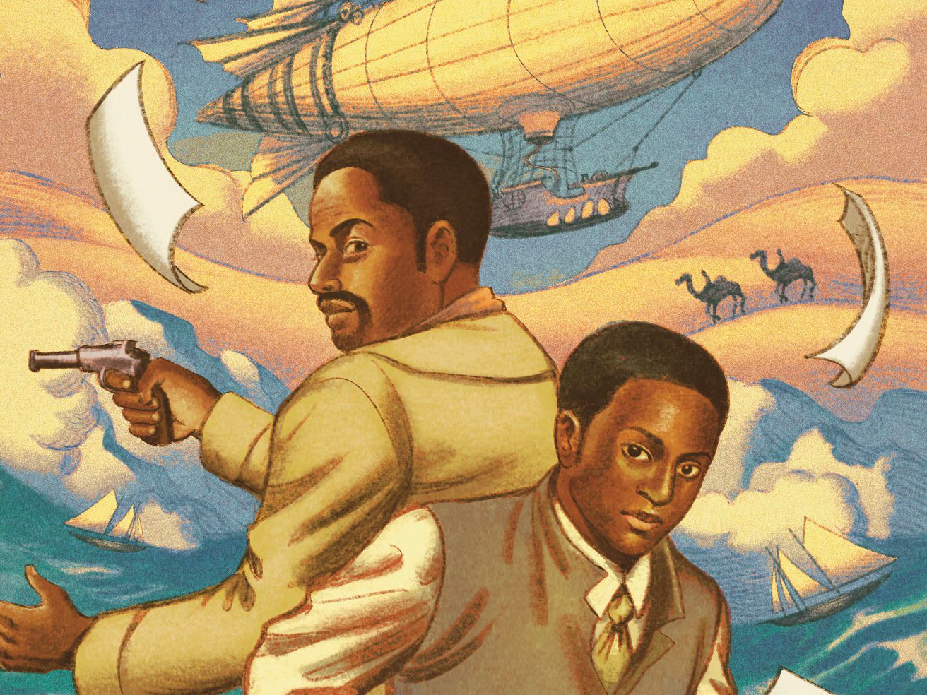 Medwin Harris and Washington Black backtoback divided by ocean and ships.