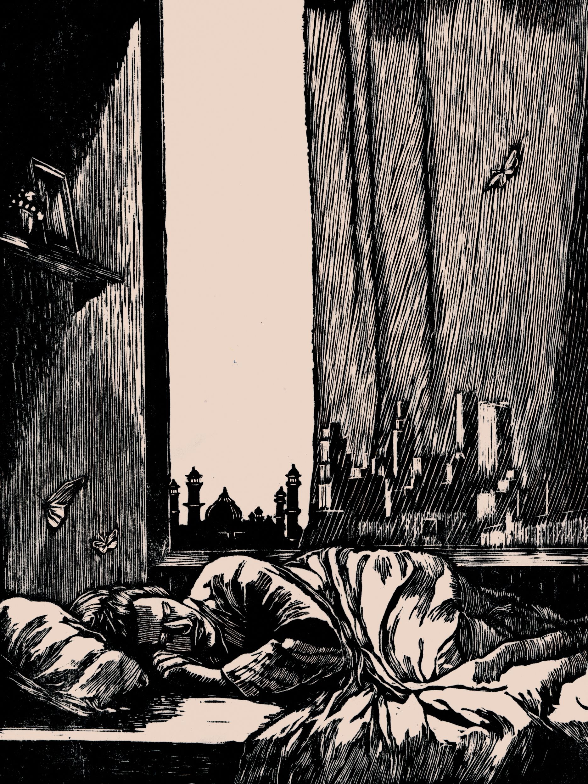 An illustration of a man lying in bed with two different skylines outside his window.
