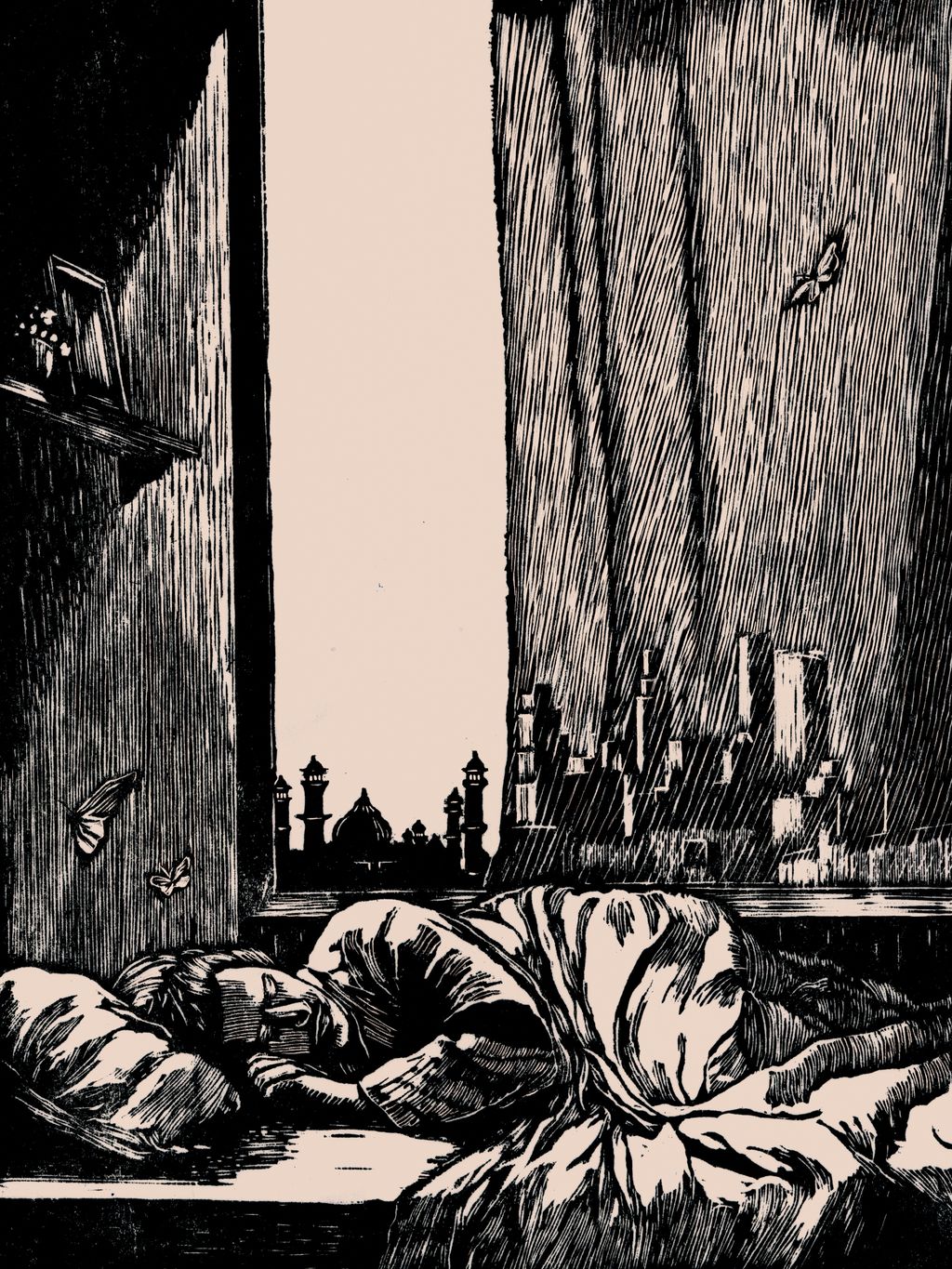An illustration of a man lying in bed with two different skylines outside his window.