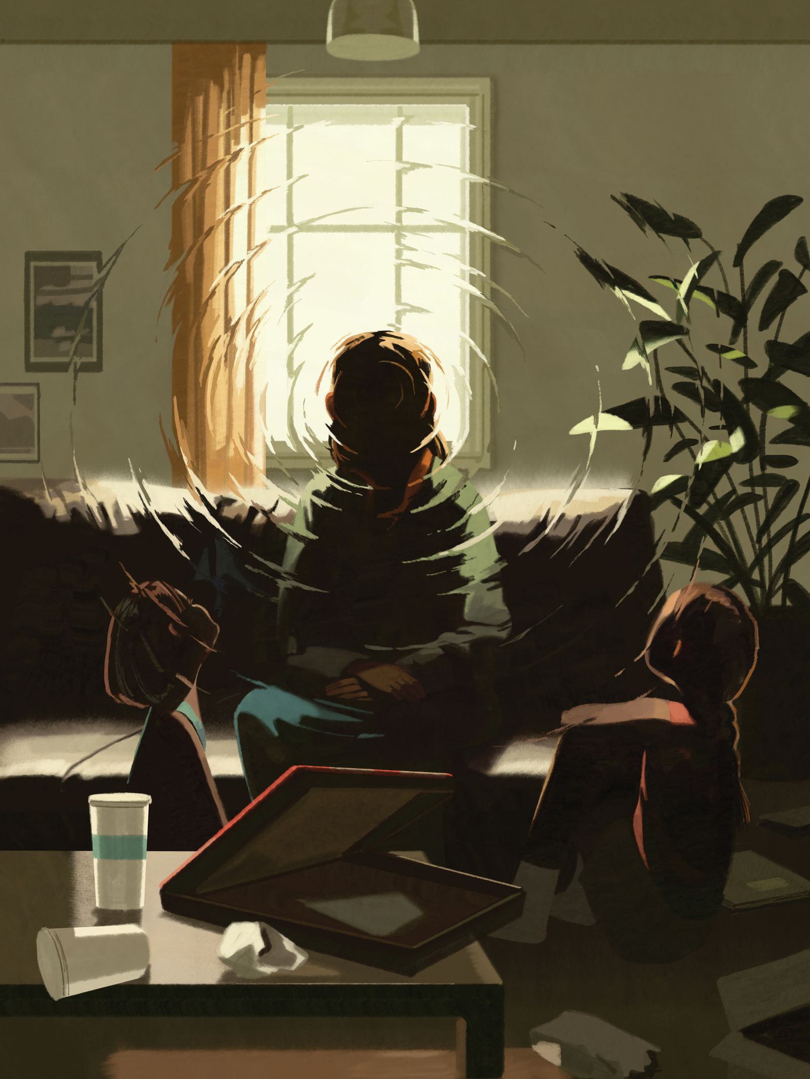 A distorted view of three people sitting in a living room.