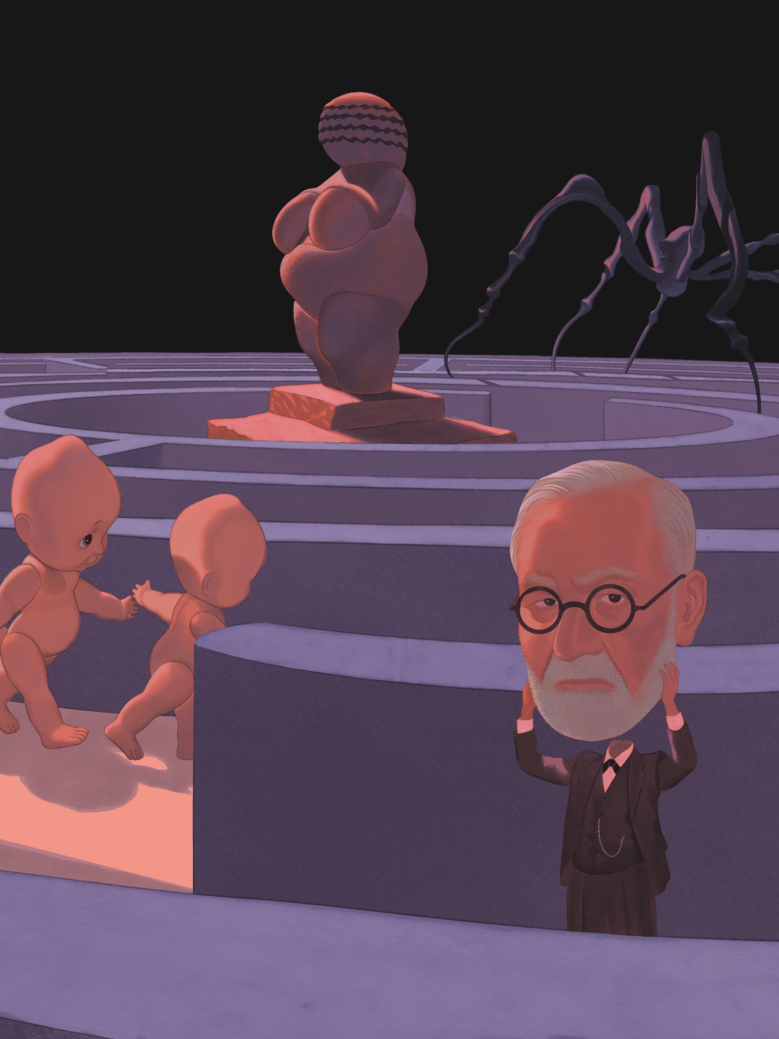 Illustration of a tiny figure wanders into a hedge maze with Sigmund Freud Baby Dolls Venus of Willendorf a giant spider...