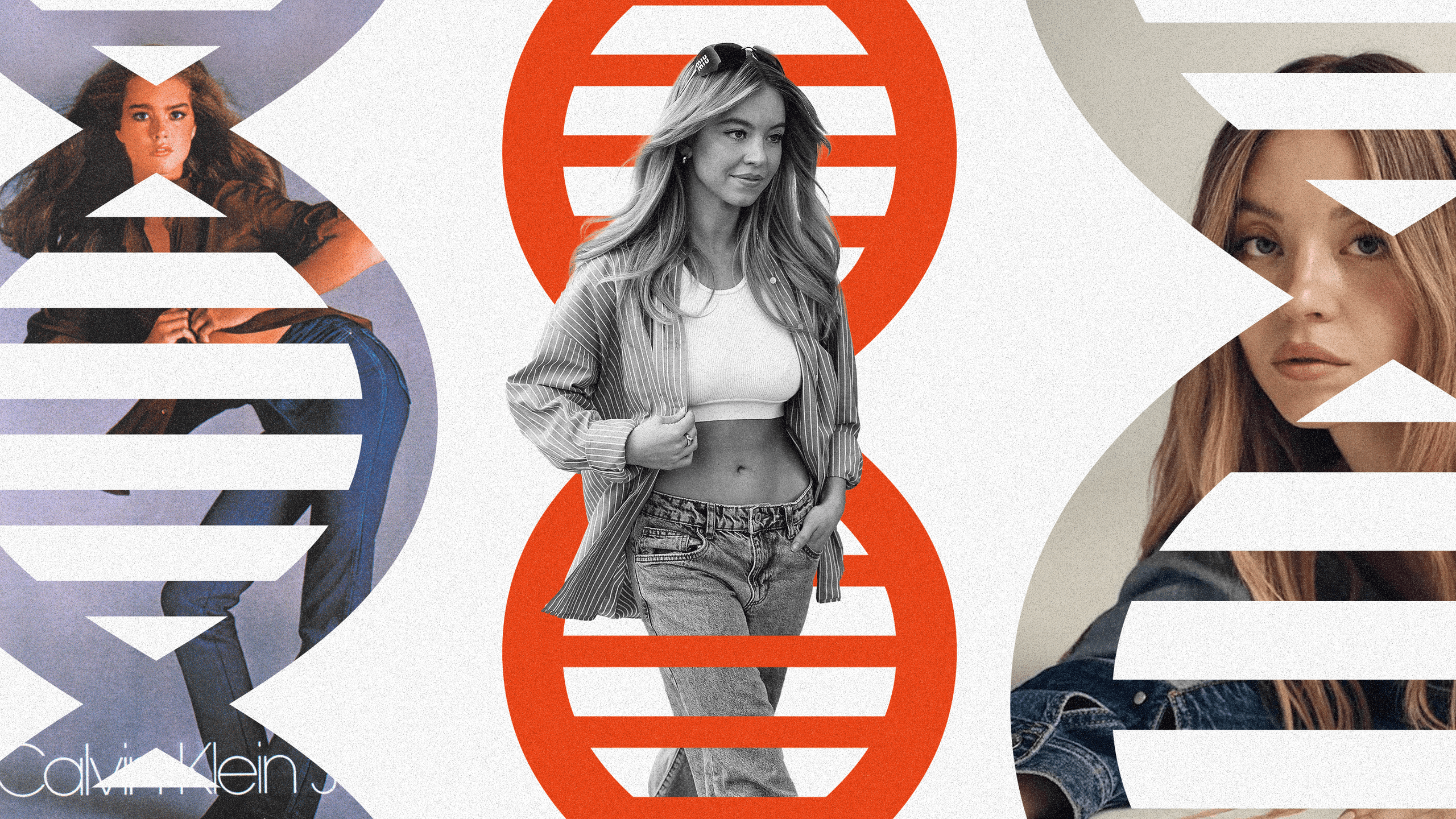 Collage of Sydney Sweeney in stills from an American Eagle commercial.