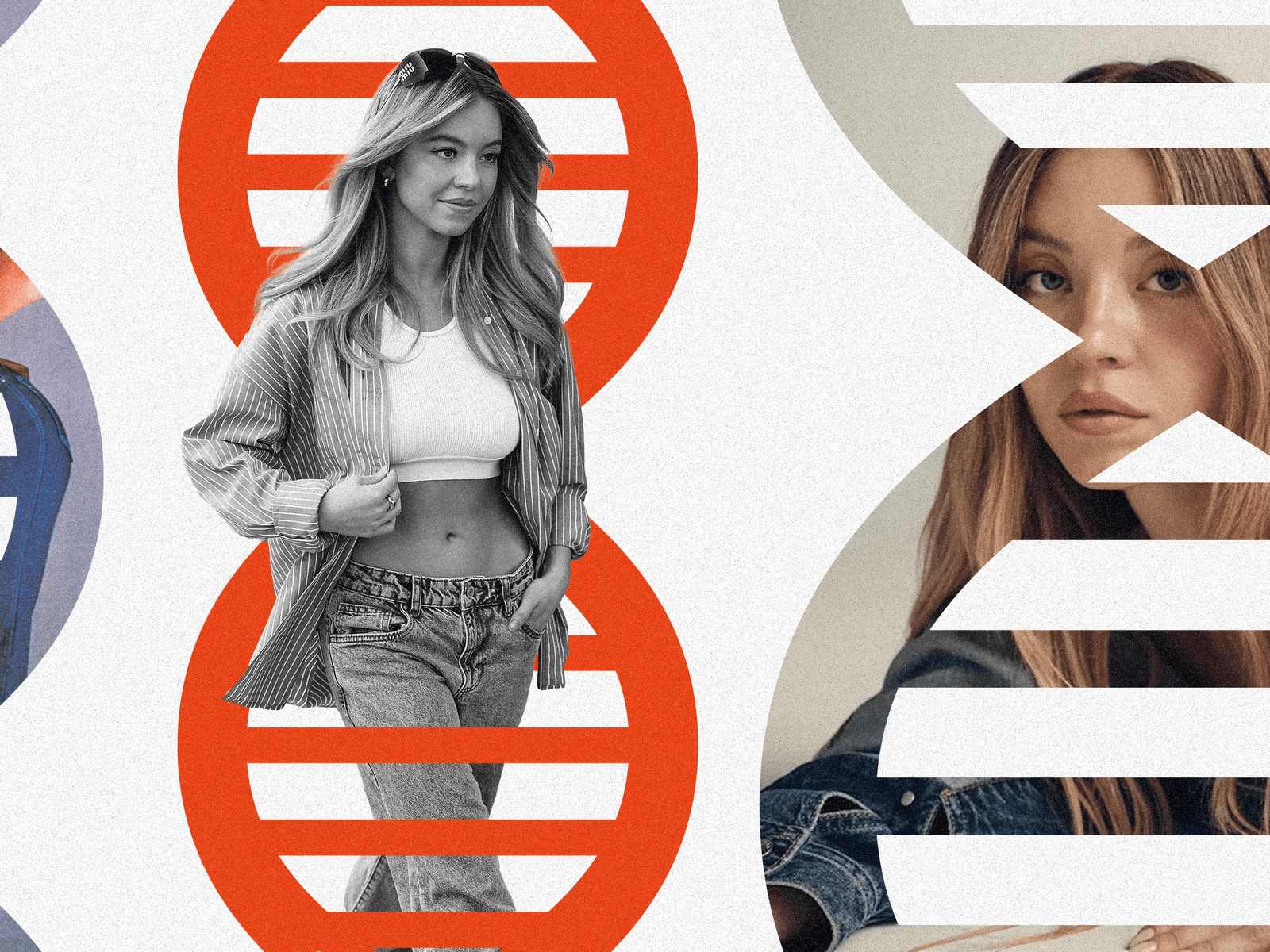 Collage of Sydney Sweeney in stills from an American Eagle commercial.