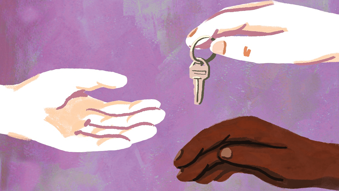 White hands giving keys to the next a Black hand in the middle receiving nothing