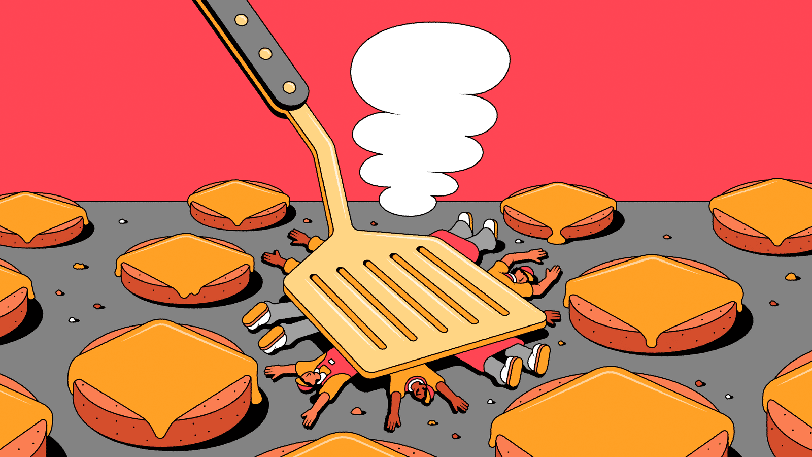 An illustration of a spatula pressing on tiny people on a grill among cheeseburgers.