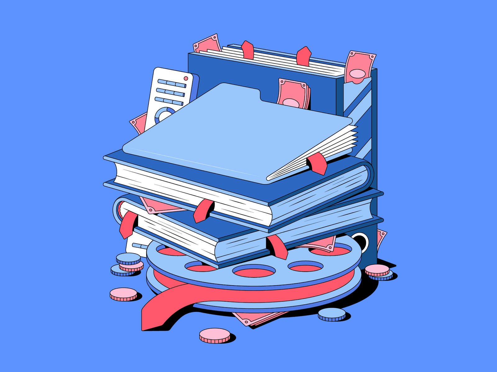 Illustration of a stack of books with red bookmarks and cash.